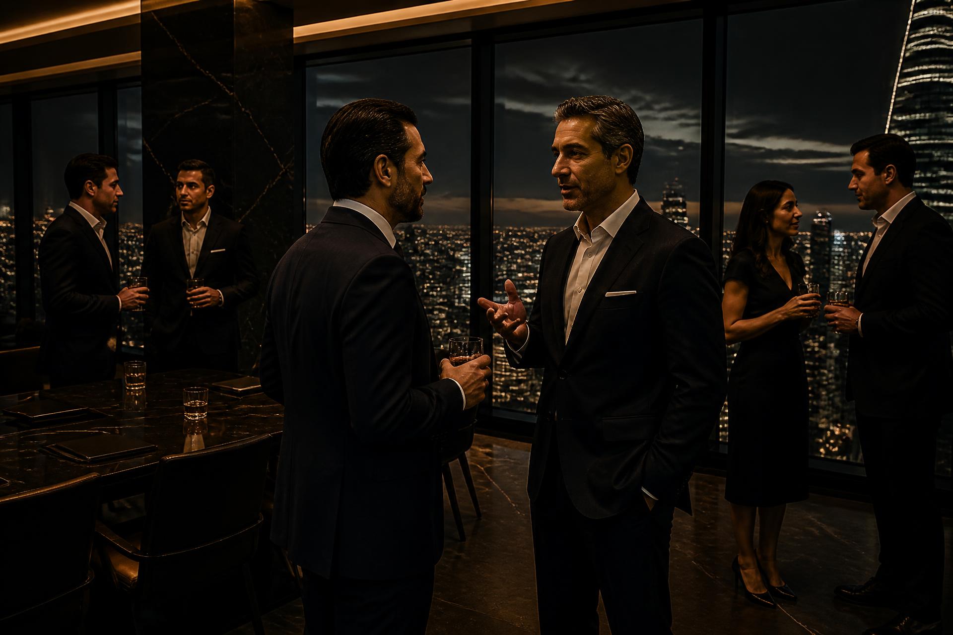 Empresarios reunidos en un salón ejecutivo con vista a la ciudad